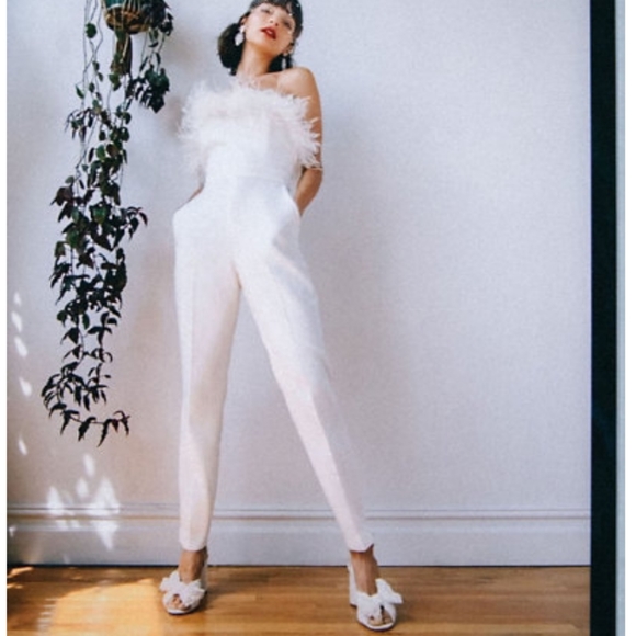 BHLDN White Feather-Trimmed Jumpsuit - Picture 1 of 9